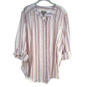 NATURAL D & Co Rainbow Striped Linen Button down 3/4 sleeve Boho